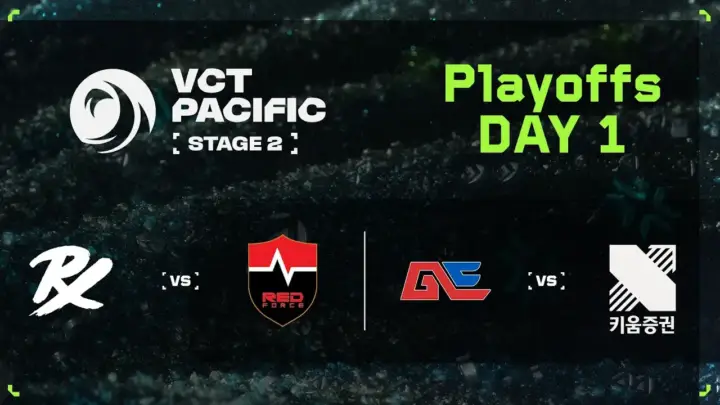 VCT 퍼시픽 플레이오프 Day 1 대진을 소개하는 발로란트 e스포츠 이미지
